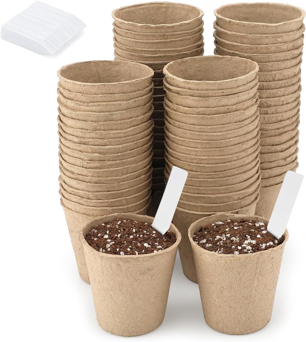 Biologisch afbreekbare kleine plantenpotten, 6 cm, 100 stuks composteerbare bloempotten voor het planten van groenten, fruit, kruiden met 100 plantenlabels