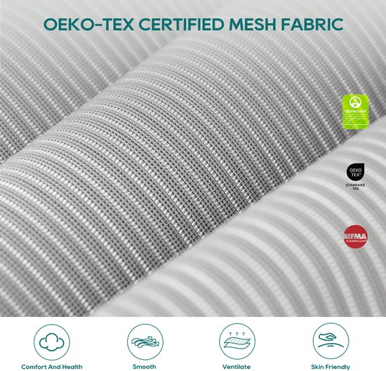 Close-up van de OEKO-TEX gecertificeerde mesh stof van de bureaustoel, met een gestreept patroon in grijs en wit, en keurmerken zoals GREENGUARD en BIFMA compliant.