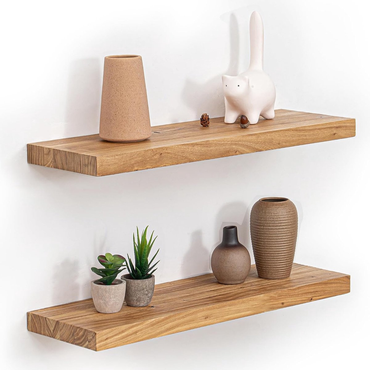 Zwevende planken van natuurlijk hout, 23,6 cm diepe massief iepenhouten planken, rustieke wandgemonteerde displayplanken met onzichtbare zware metalen beugels, 2 stuks, natuurlijk