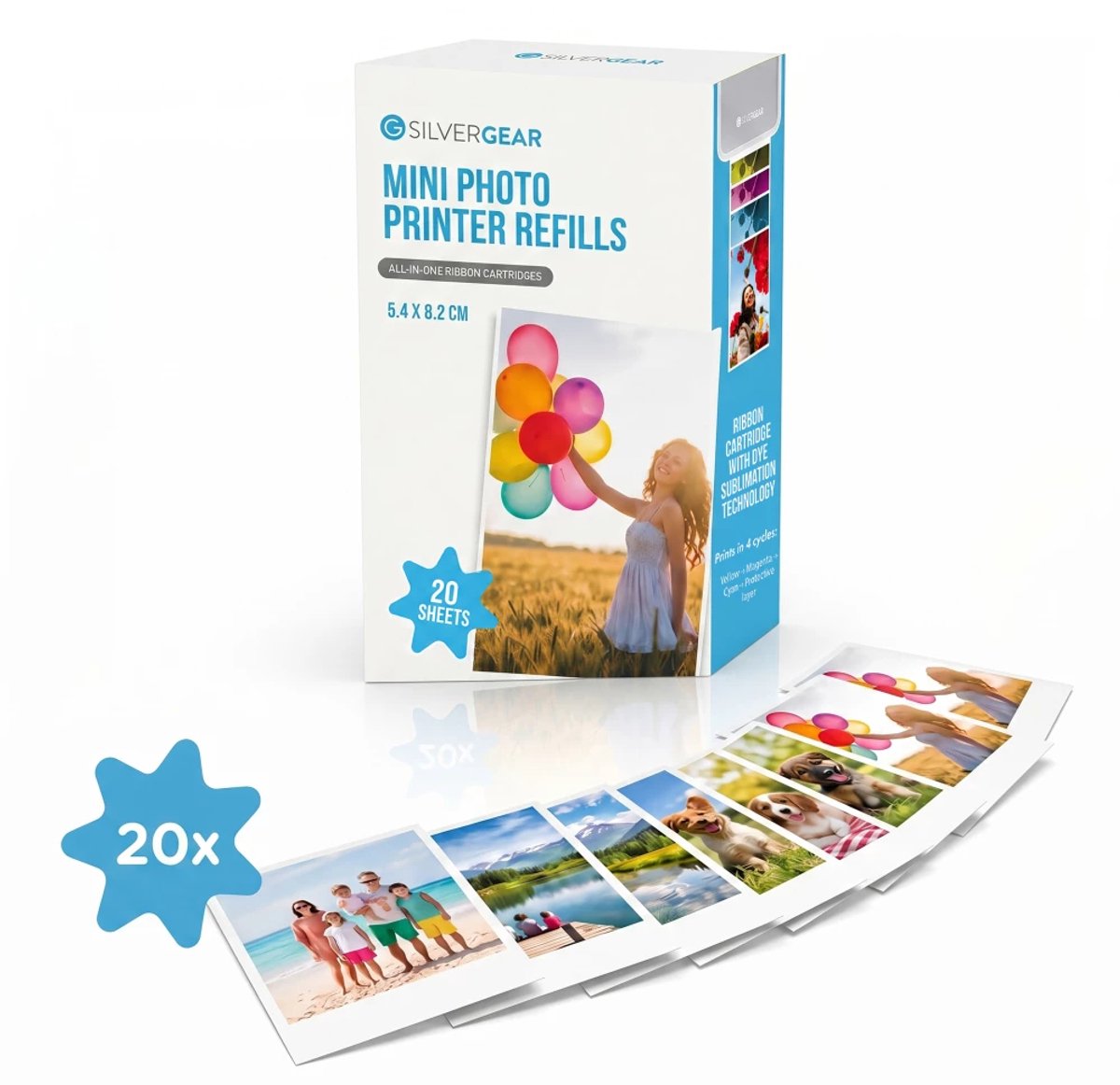 Navullingen Mobiele Fotoprinter 20 Fotovellen - Fotopapier Mini Fotoprinter - Pocket Printer Papier - Thermal Printer Smartphone - Fotopapier - Refill Pack Fotoprinter - Afdrukken Foto Telefoon - Navulling Mini Printer - 5,4 × 8,2 cm - Silvergear