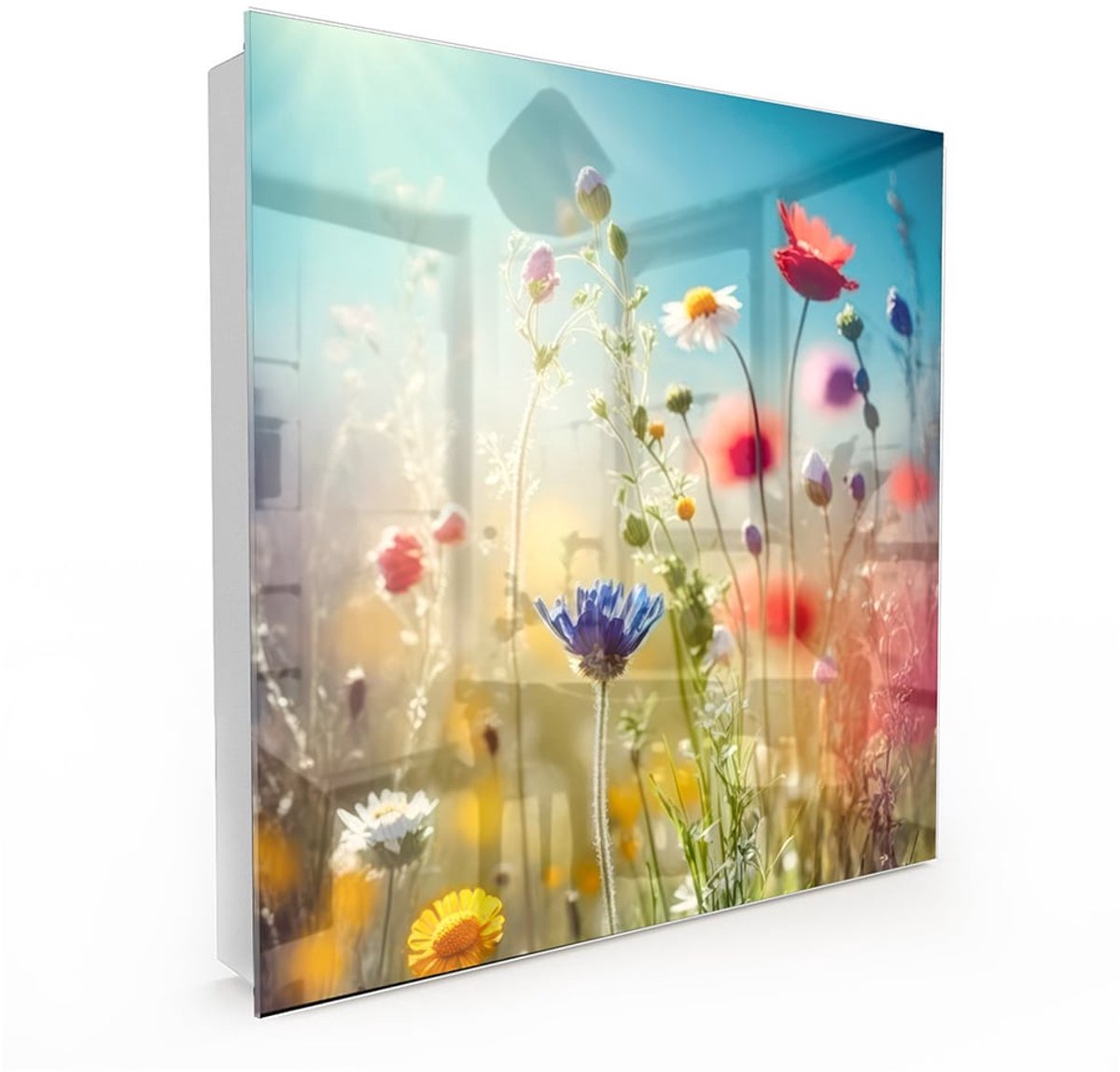 MyDesignGlas Sleutelkastje met Glazen Deur en Print – 50 Haken – 30x30x5 cm – Kleurrijke Wildbloemenweide – Metalen Sleutelkast – Wit – Linksopenend