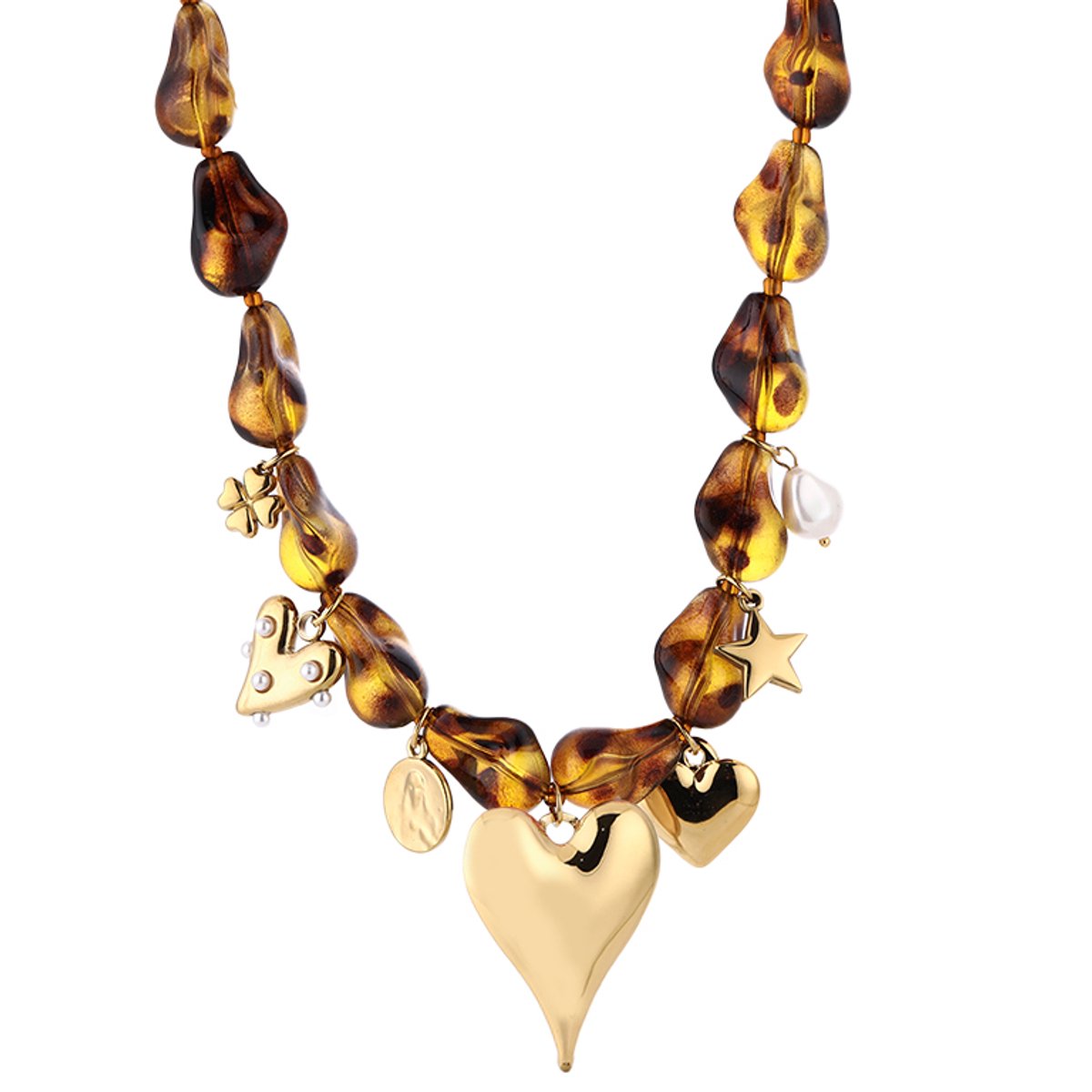 Irregular Bead Charms Necklace – Kralen Ketting met Bedels – RVS - Leopard