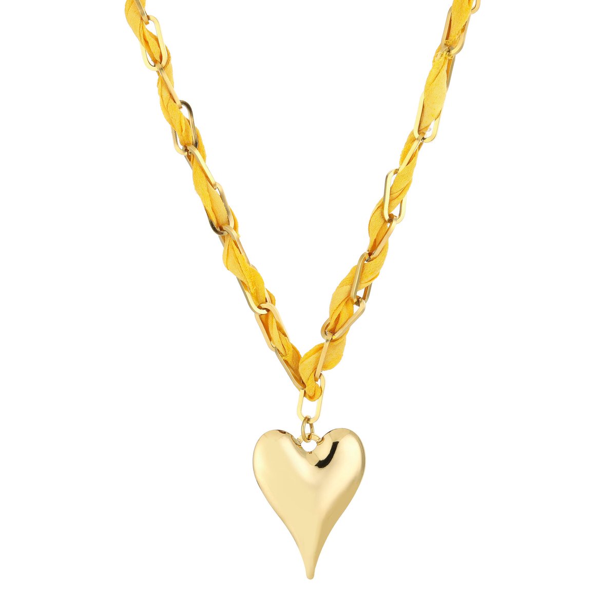 Woven Fabric Heart Pendant Chain Necklace – Stoffen Ketting met Hart – RVS - Geel