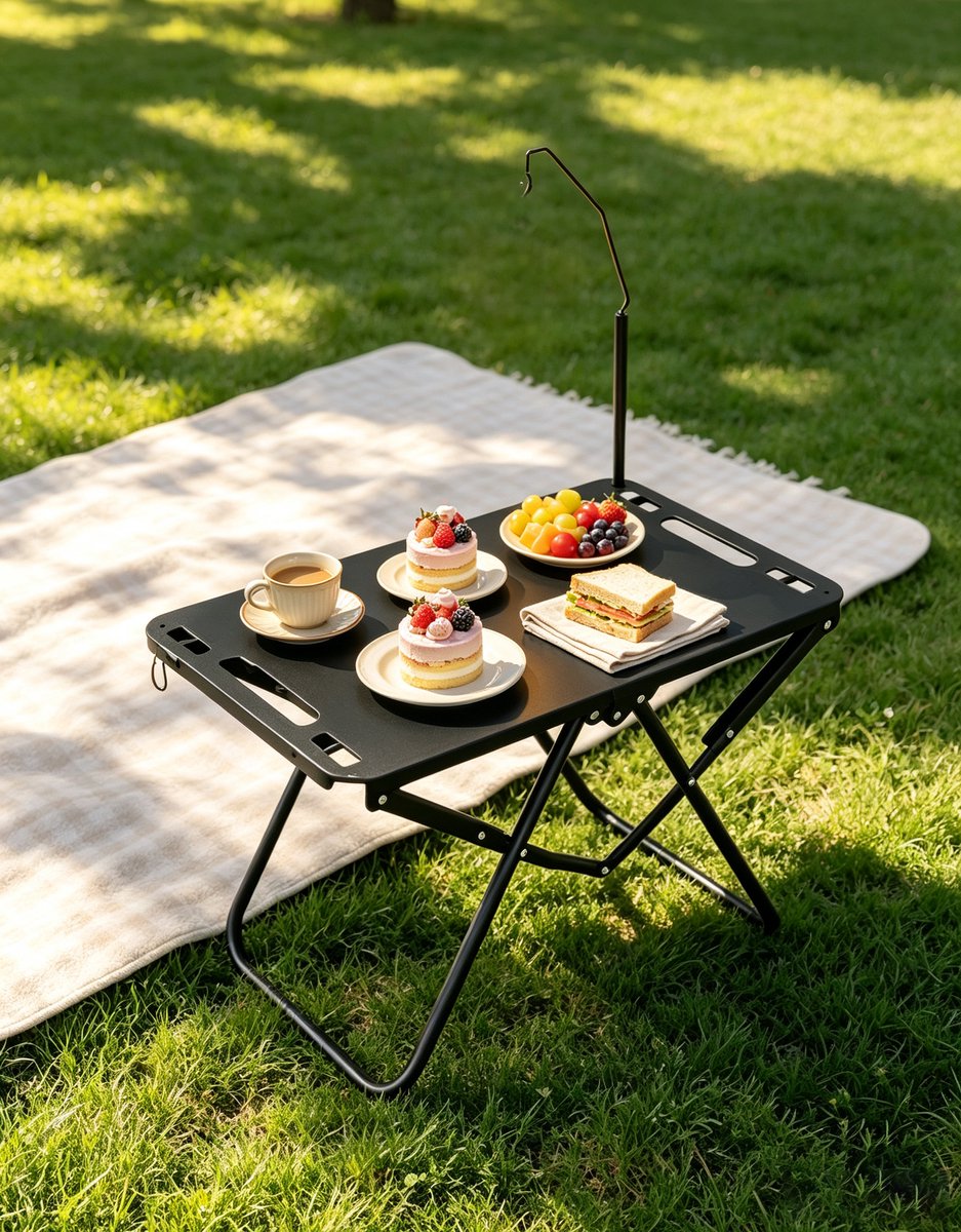 Opvouwbare campingtafel met lampvoet 58x36x40 cm zwarte metalen klaptafel draagbare klaptafel geschikt voor kamperen picknicks tuinieren en buitenactiviteiten