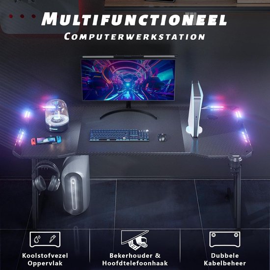 Gaming Bureau - PC Tafel - Studeren Spelen Werken - LED Verlichting - 160 x 60 cm - Zwart — afbeelding 3