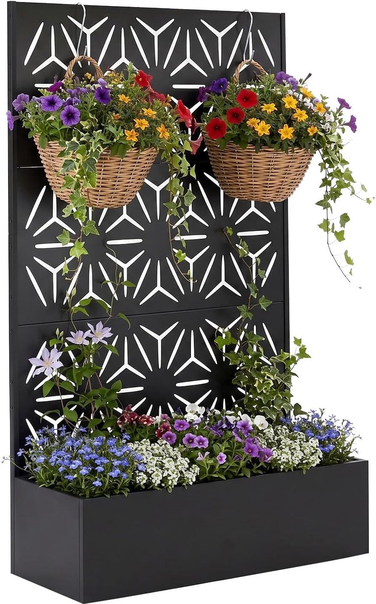 Verhoogde plantenbak van metaal met latwerk – Tuinbak voor alle weersomstandigheden - Decoratief zichtscherm - 180 × 112 × 40 cm - Zwart