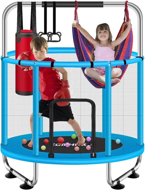 Nexar Trampoline - 140 cm - met Veiligheidsnet & Turnrek - Kinder Trampoline Binnen & Buiten - Inclusief Bokszak & Ringen - Mini Trampoline