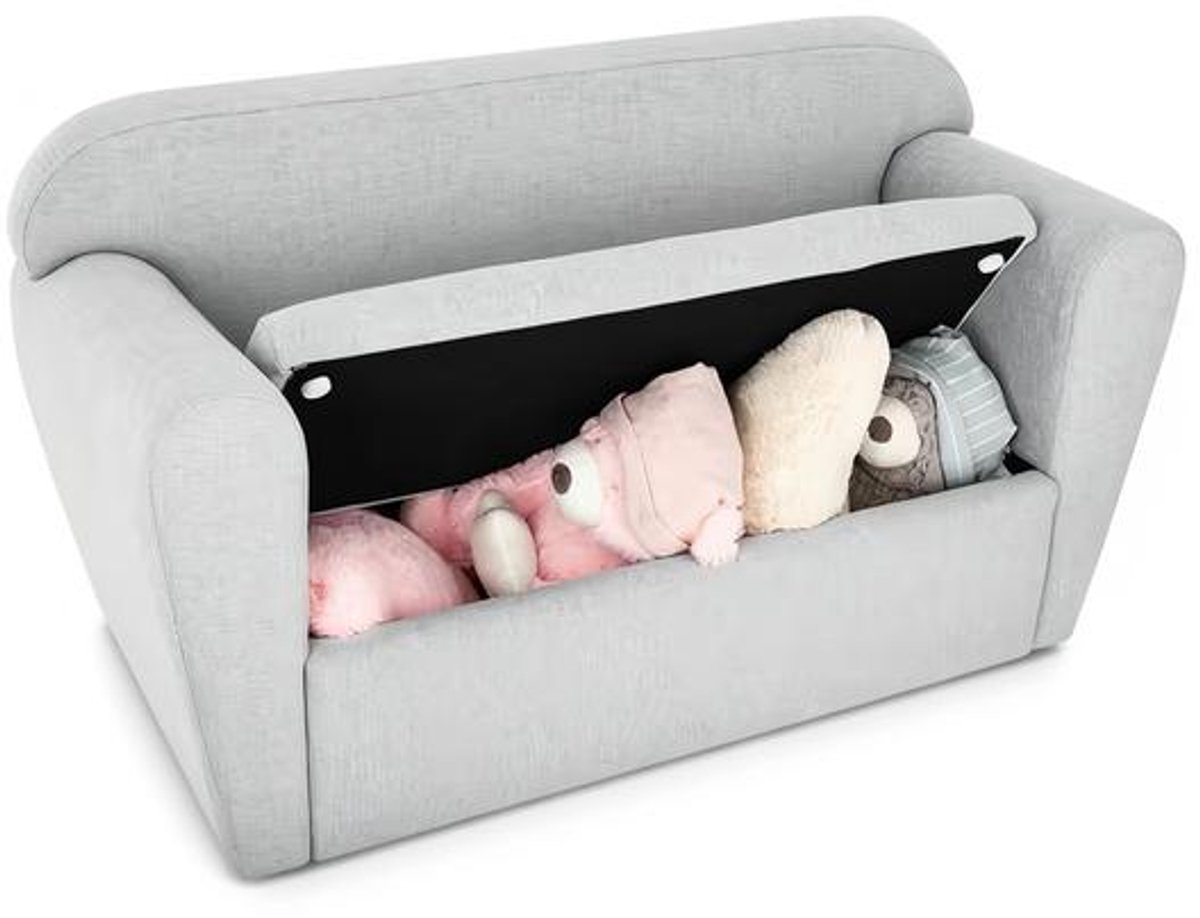 Dubbele bankfauteuil voor kinderen met grijze speelgoedkist.