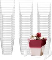 50 dessertbekers 160 ml – met lepels en deksels, herbruikbaar, voor feest en picknick,Plastic bakjes voor mousse, pudding en ijs – perfect voor buffet en feestjes – wit