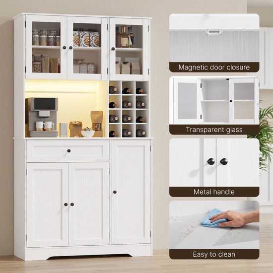 Witte keukenkast met magnetische deur, transparant glas, metalen handgrepen, makkelijk schoon te maken.