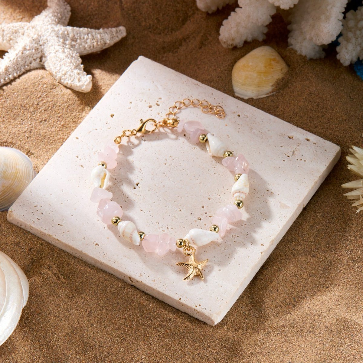 Damesarmband – 18+5 cm– Ketting met zeester en schelp (imitatie) – Armband van trommelsteentjes in strandstijl – Kralenketting met oceaanthema – Kralensieraden voor dames – Kralenketting voor feestjes met strandvibe – Geschikt voor dagelijks gebruik