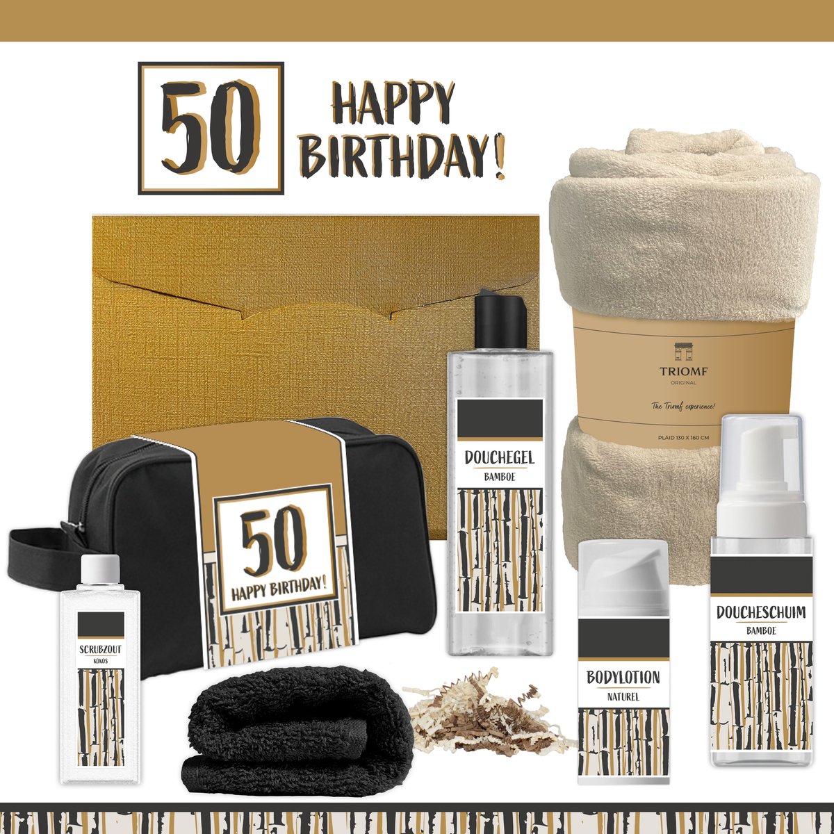 Geschenkset “50 Happy Birthday!” - 7 producten - 1390 gram | Giftset voor hem Vader Papa Vijftig jaar Cadeau Luxe Wellness Pakket Man Speciaal Cadeaupakket Doos Handdoeken Fleecedeken Geschenk Cadeaudoos Verjaardag Vriend Gift Set Douche Beige Goud