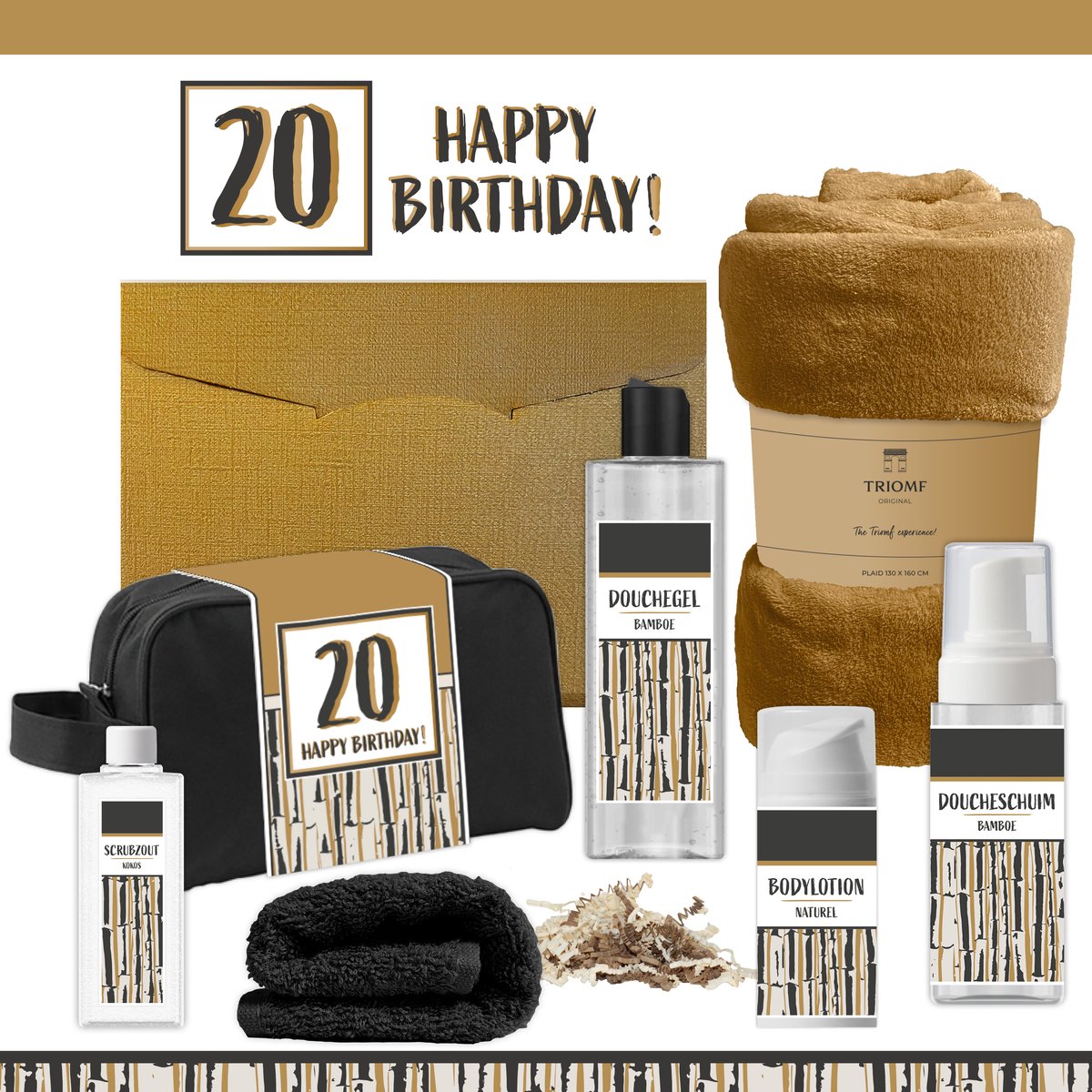 Geschenkset “20 Happy Birthday!” - 7 producten - 1390 gram | Giftset voor hem Vader Papa Twintig jaar Cadeau Luxe Wellness Pakket Man Speciaal Cadeaupakket Doos Handdoeken Fleecedeken Geschenk Cadeaudoos Verjaardag Vriend Gift Set Douche Goud Goud