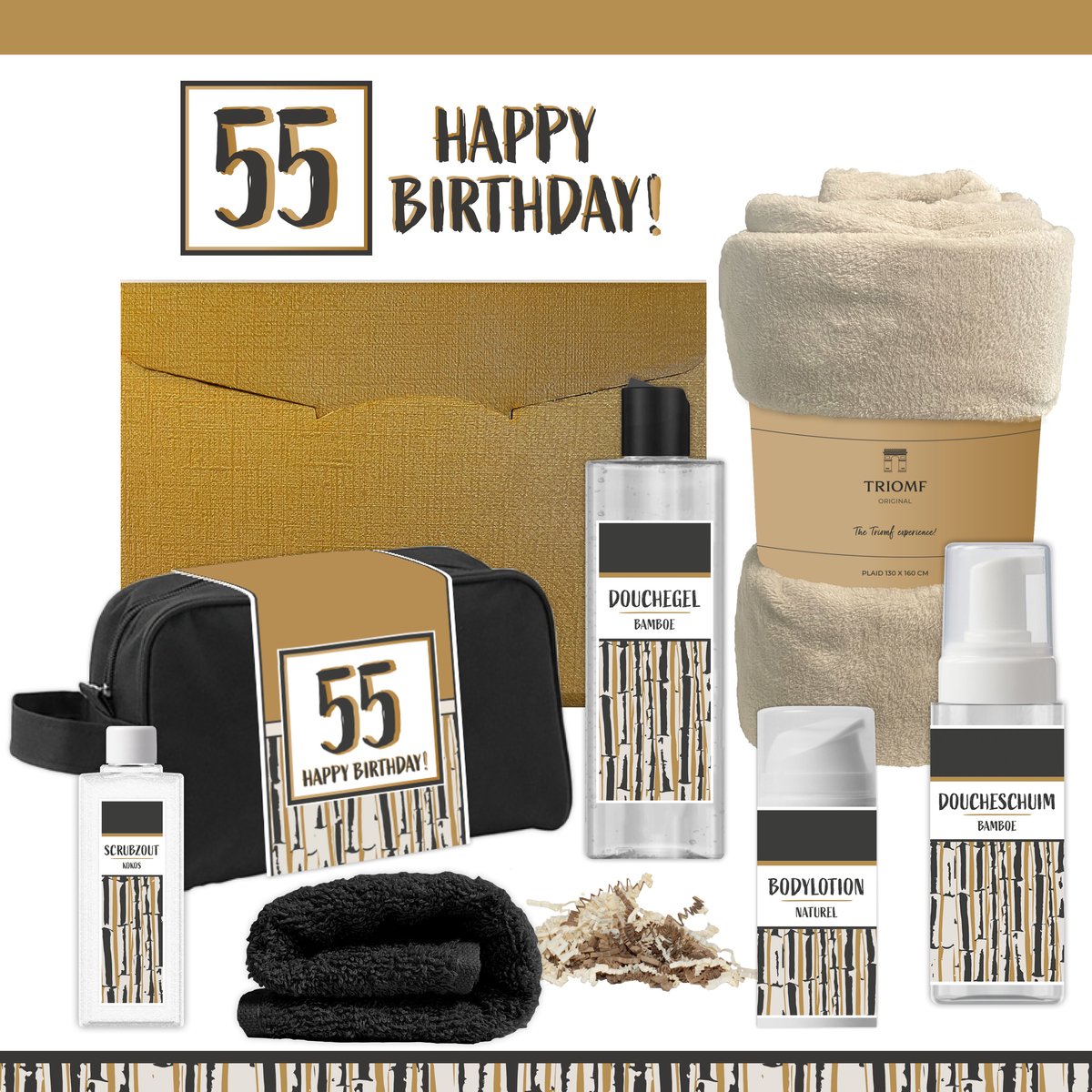 Geschenkset “55 Happy Birthday!” - 7 producten - 1390 gram | Giftset voor hem Vader Papa Vijfenvijftig jaar Cadeau Luxe Wellness Pakket Man Speciaal Cadeaupakket Doos Handdoeken Fleecedeken Geschenk Cadeaudoos Verjaardag Vriend Gift Douche Beige Goud