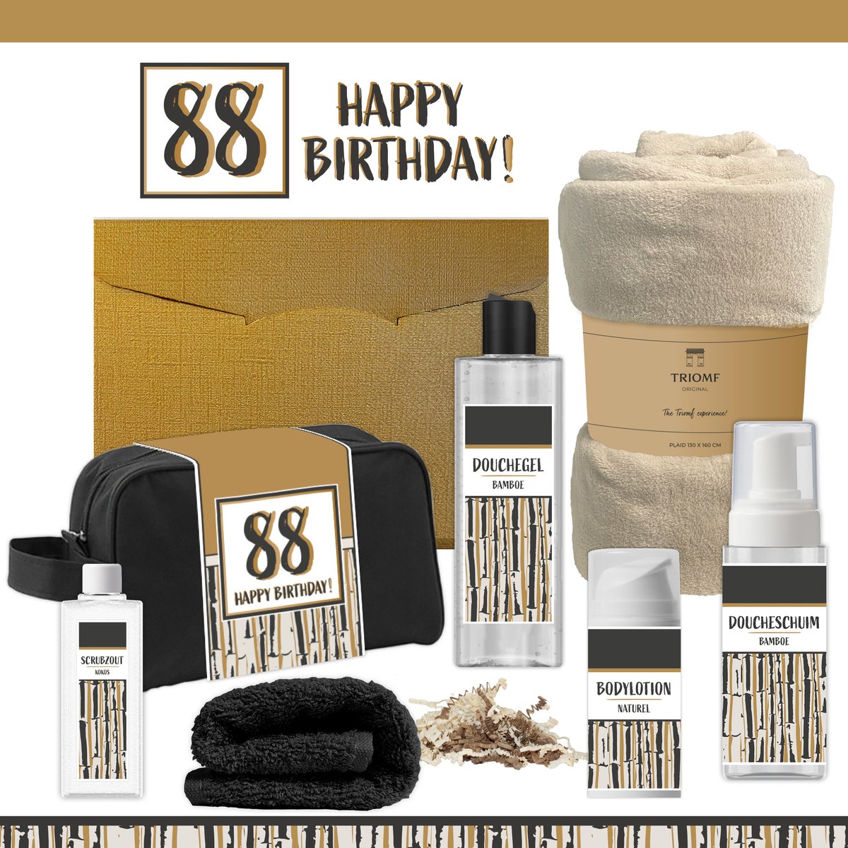 Geschenkset “88 Happy Birthday!” - 7 producten - 1390 gram | Giftset voor hem Vader Papa Achtentachtig jaar Cadeau Luxe Wellness Pakket Man Speciaal Cadeaupakket Doos Handdoeken Fleecedeken Geschenk Cadeaudoos Verjaardag Vriend Gift Douche Beige Goud