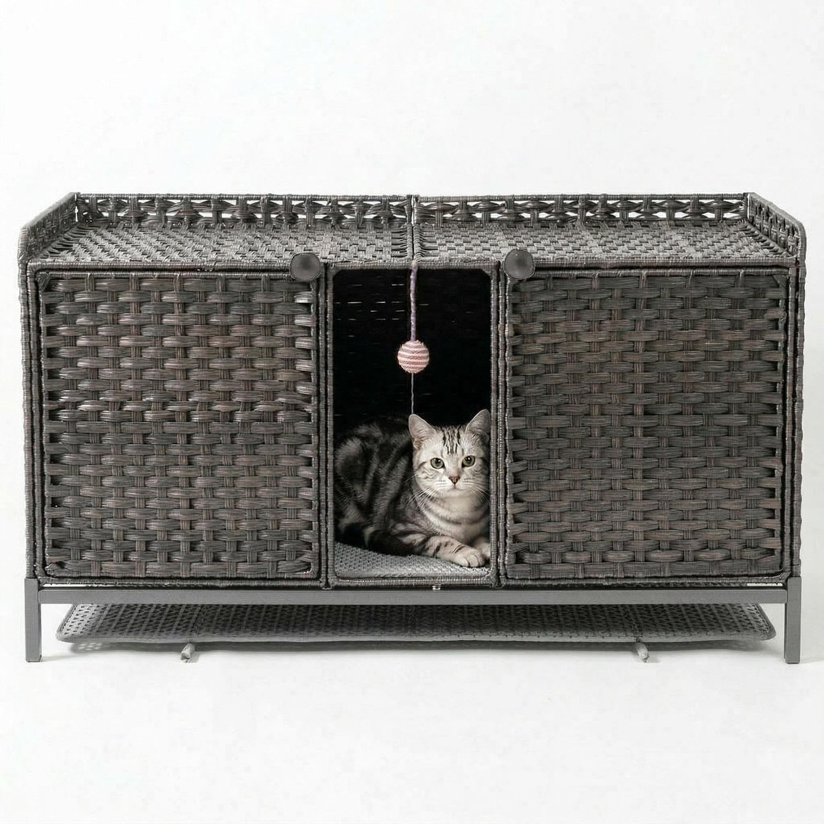 Triumpunpre Verborgen Rattan Kattenbakmeubel voor 2 Katten – Kattenbakomheining met Deuren, Ingangen aan Beide Zijden en 2 Ophanghaken – Dubbel Gebruik: Bijzettafel & Kattenhuisje – 120 x 50 x 61 cm – Grijs