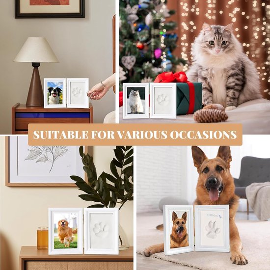 Huisdier Poetafdruk Fotokader - Dubbel Vouwbaar Lijst - 23×15cm - voor Hond & Kat, Inclusief Klei voor Pootafdruk, Herdenkingscadeau voor Huisdieren - wit — afbeelding 2