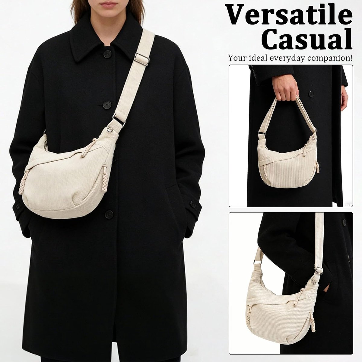 dames, crossbody bag dames corduroy tas, wit | Met verstelbare schoudertas en voering voor werk, reizen, dagelijks gebruik