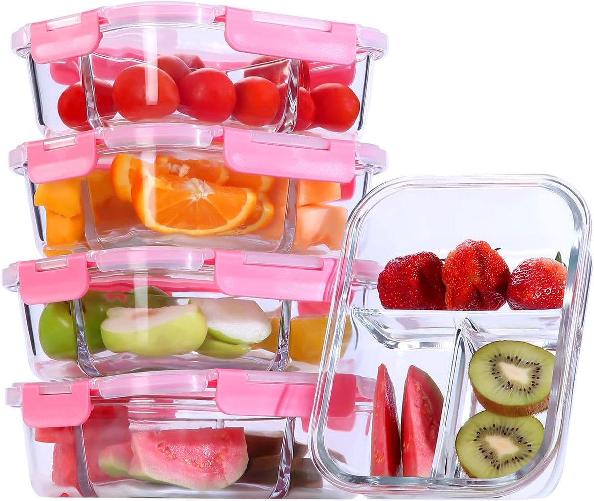 container met deksel Meal Prep boxen glas 3 vakken (5 stuks, 1040 ml) Meal Prep boxen glas met scheidingswand portiecontrole (roze)