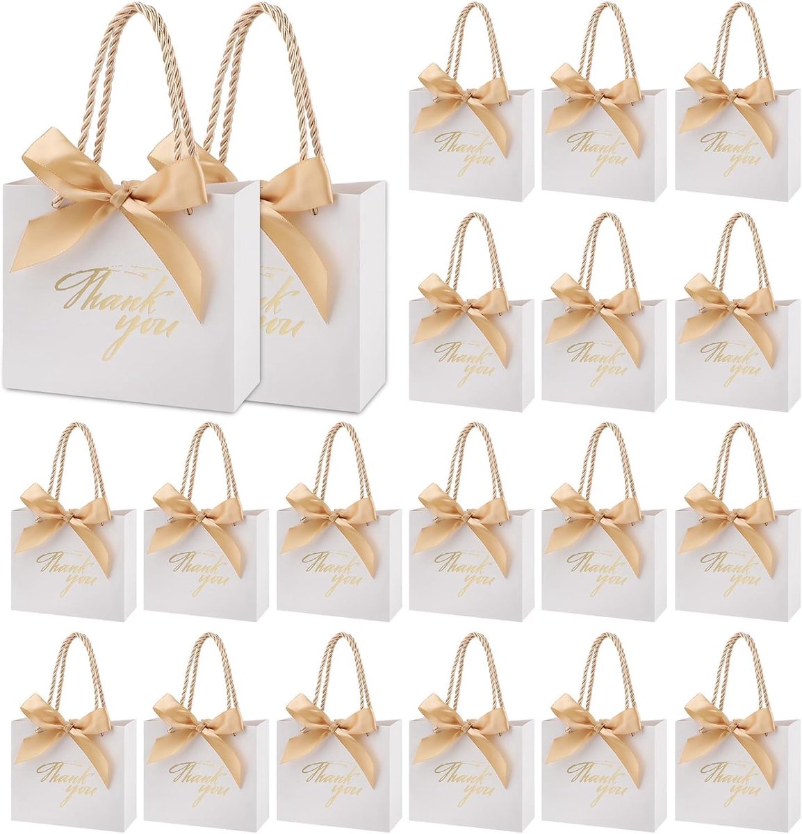 20 STKS Kleine Witte Dank U Gift Zakken 14x6x12cm met Handvat en Gouden Boog Lint Party Gunst Zakken voor Bruiloft Verjaardag Baby Shower Mini Papieren Zakken