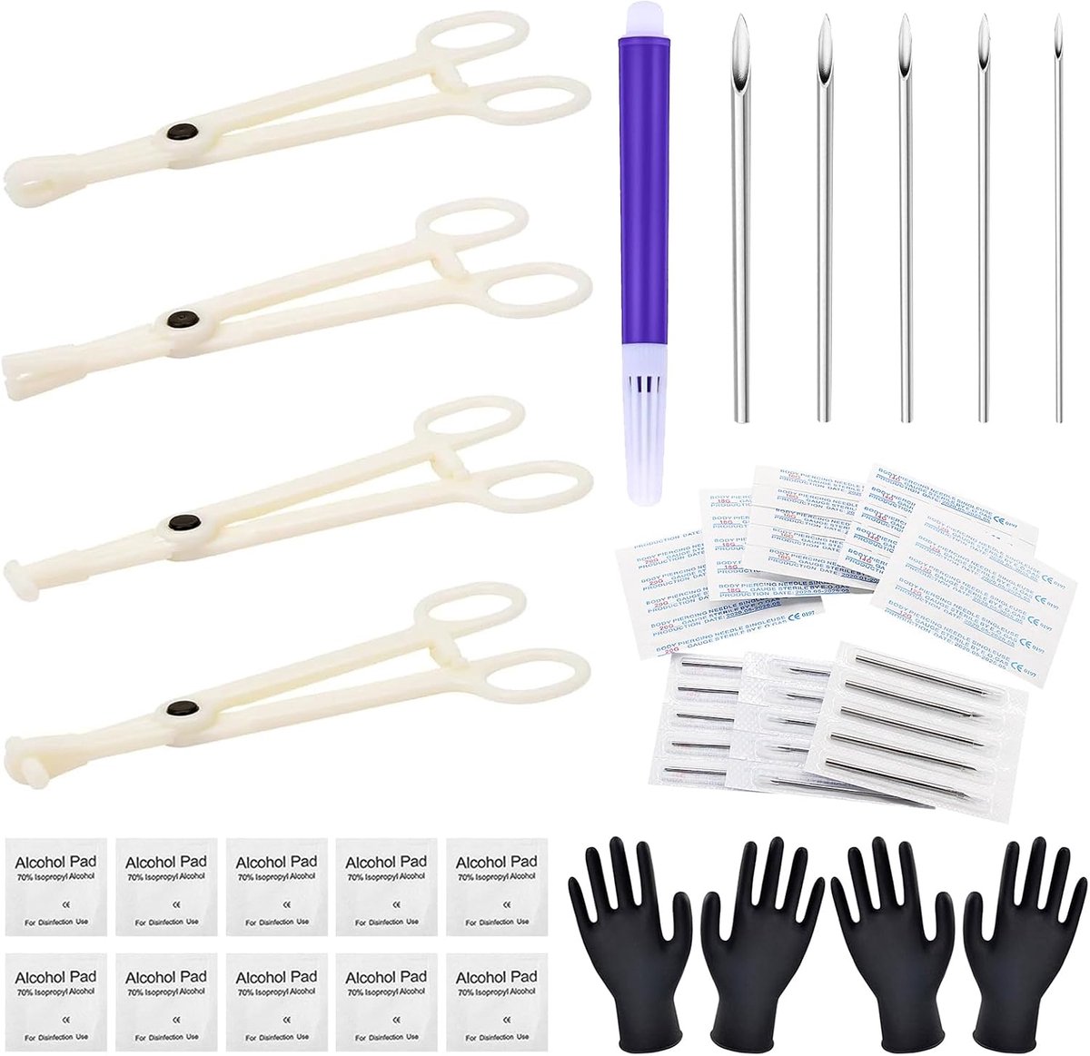 Piercingset, Oorpiercingnaalden 12G, 14G, 16G, 18G, 20G met Verschillende Piercingklemmen, 42PCS, Roestvrij staal