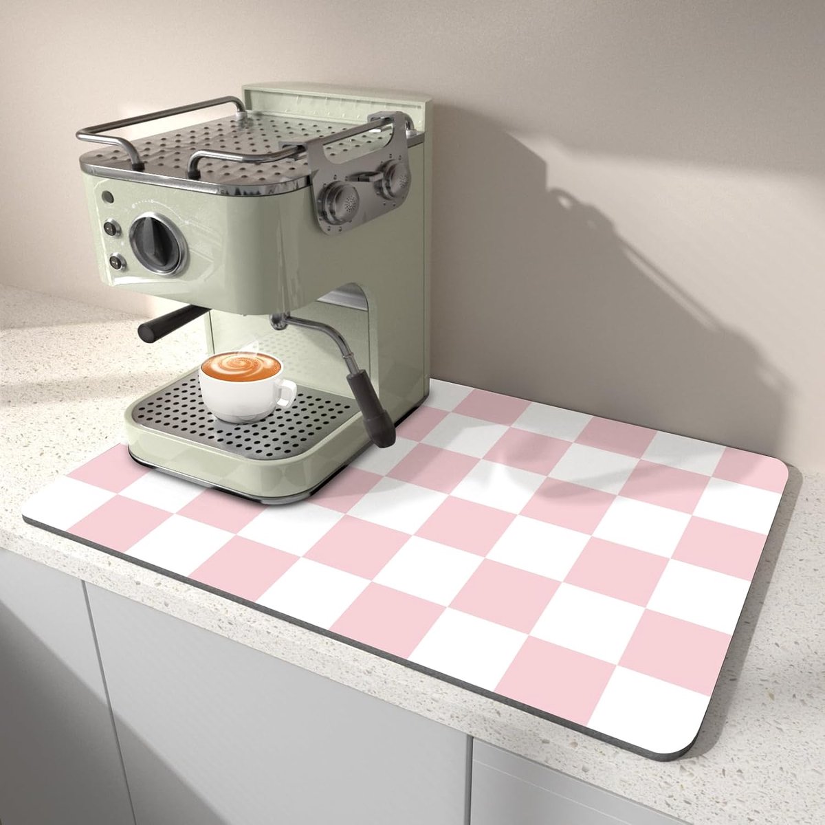 Afdruipmat Voor De Keuken 40 x 45 CM, Past Onder Het Koffiezetapparaat, Geruite Afdruipmat, Vlekkenverbergende Rubberen Achterkant, Absorberende Droogmat Voor Espressomachines, Roze En Wit