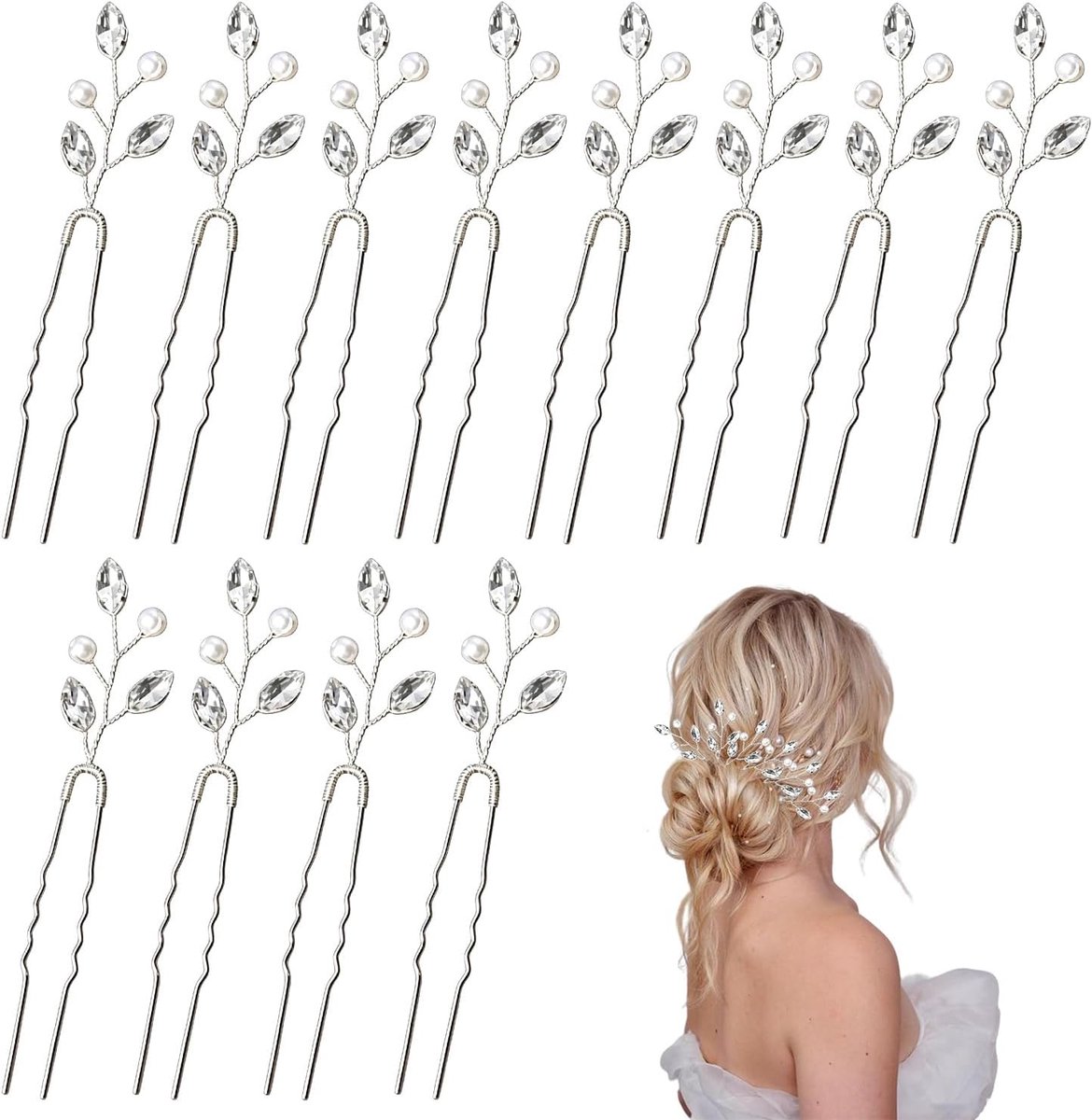 12 stuks haaraccessoires voor bruiden, kristallen parel haarspelden U-vormige zilveren haarclips, bruiloft bruidssieraden, bruiloft haaraccessoires voor vrouwen, voor bruidsmeisjes