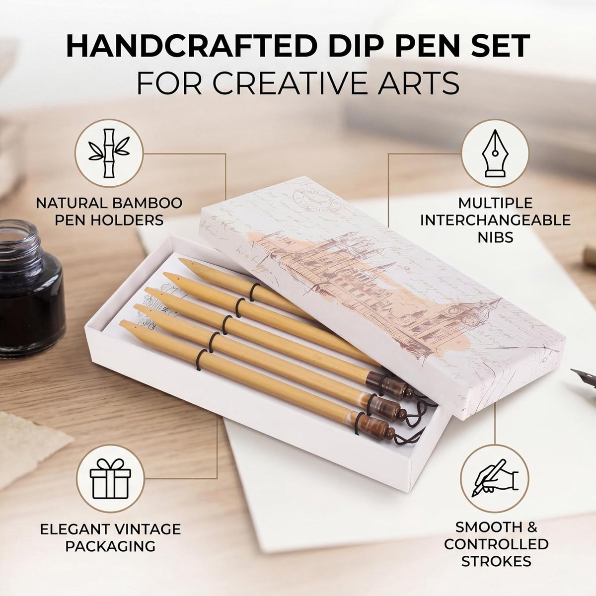 Health Gear Bamboe riet Qalam pennen, 5 stuks kalligrafie dip pen, vintage handgemaakte manga kalligrafie pennen voor schrijven tekenen schilderen (Bamboo Tip Set)