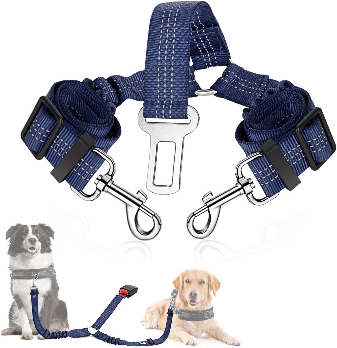 Veiligheidsgordel voor auto, hond, 2 honden, geen klitten, elastisch, duurzaam, voor de auto, verstelbaar, reflecterend, veilig, dubbel hondenharnas, scheidingswand voor op reis