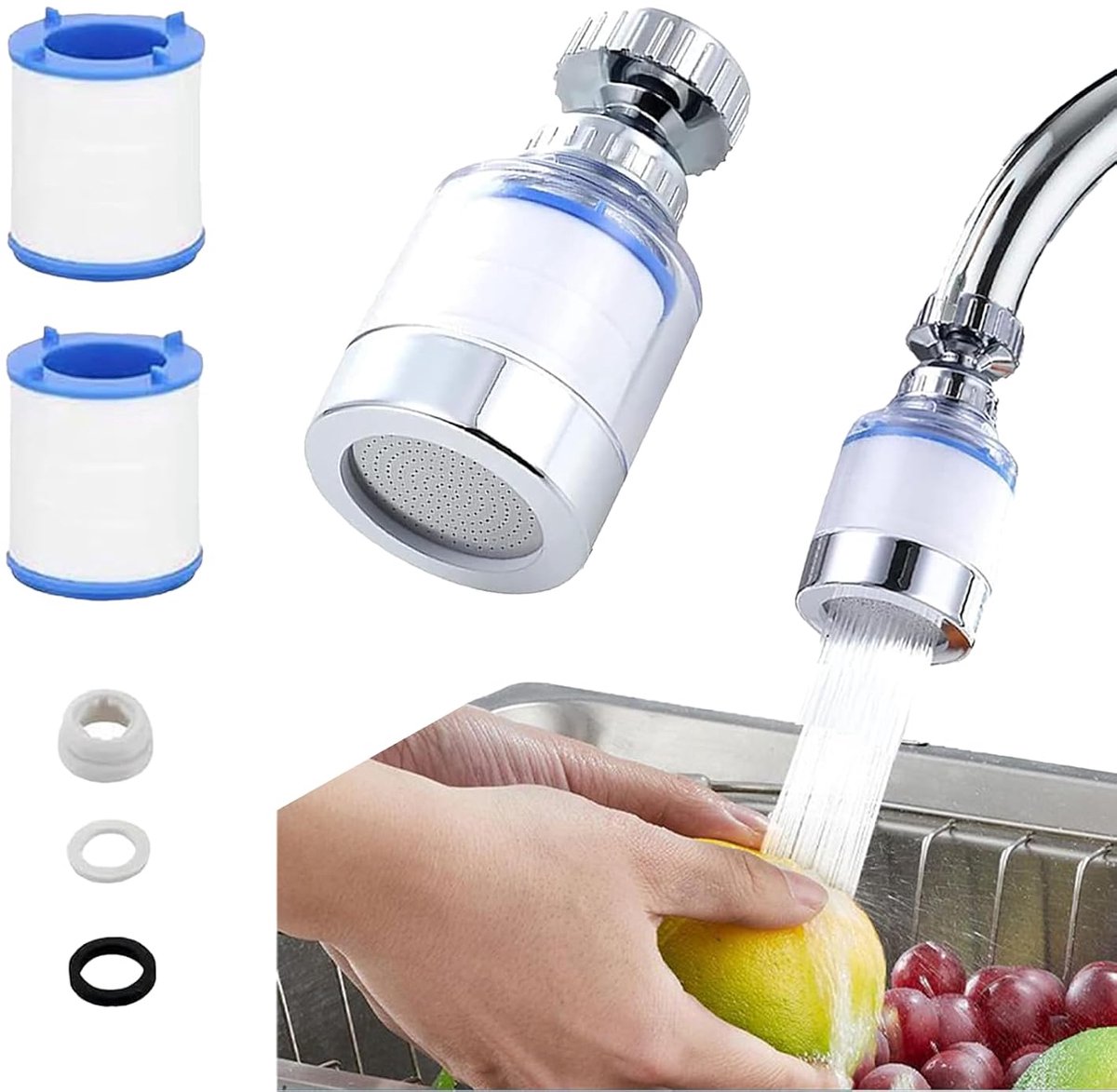 Waterfilter met 2 filtercartridges,360 graden roterende gootsteenkraan waterfilter, koolwaterfiltratiekraan verwijdert chloorfluoride zware metalen hard water