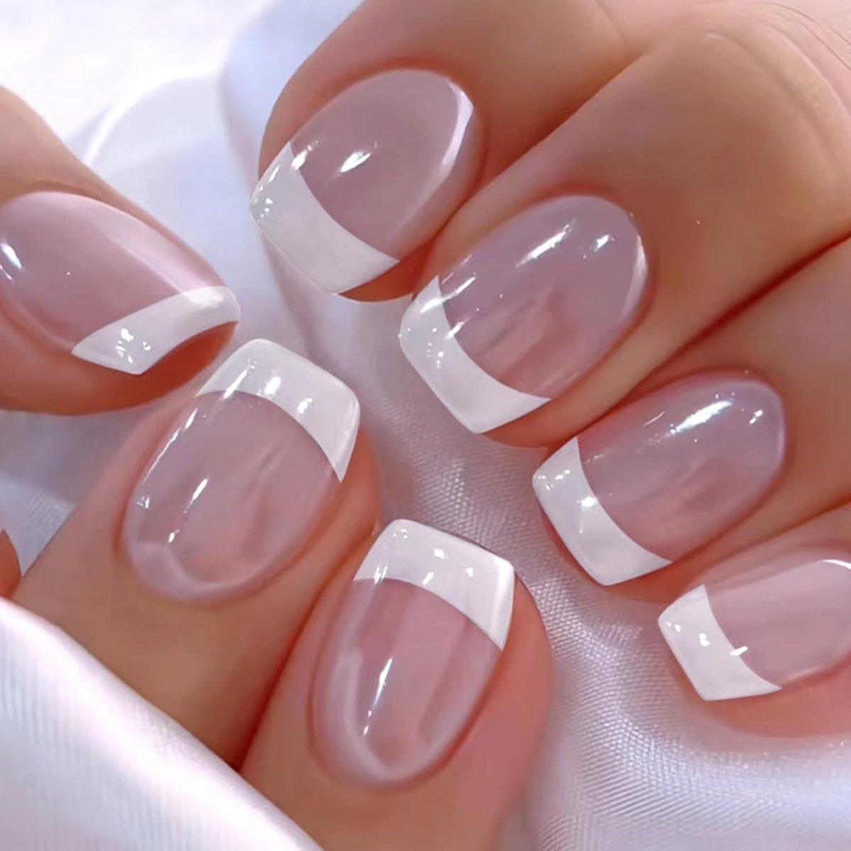 24 stuks nagels om op te plakken, kort, vierkant, wit, French press on nails, natuurlijke valse nagels, glanzend, zelfklevende nagels, full cover, acryl, kunstnagels om op te plakken, voor