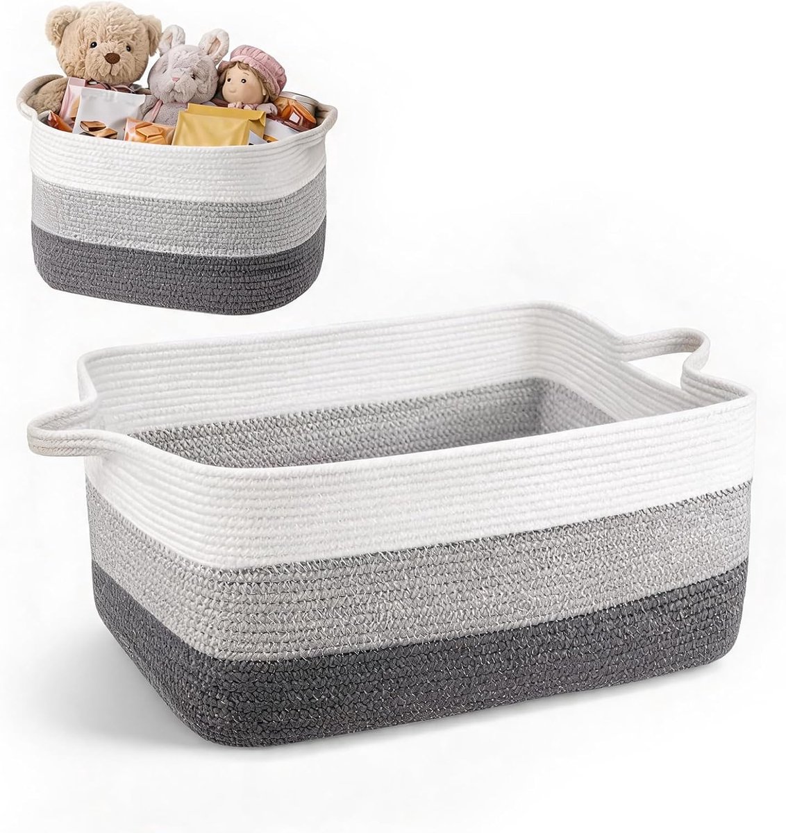 50 l geweven opbergmand, wasmand, 48 x 34 x 28 cm, katoenen touwmanden met handgrepen voor speelgoed, dekmand voor woonkamer, slaapkamer (lichtgrijs-donkergrijs met wit)