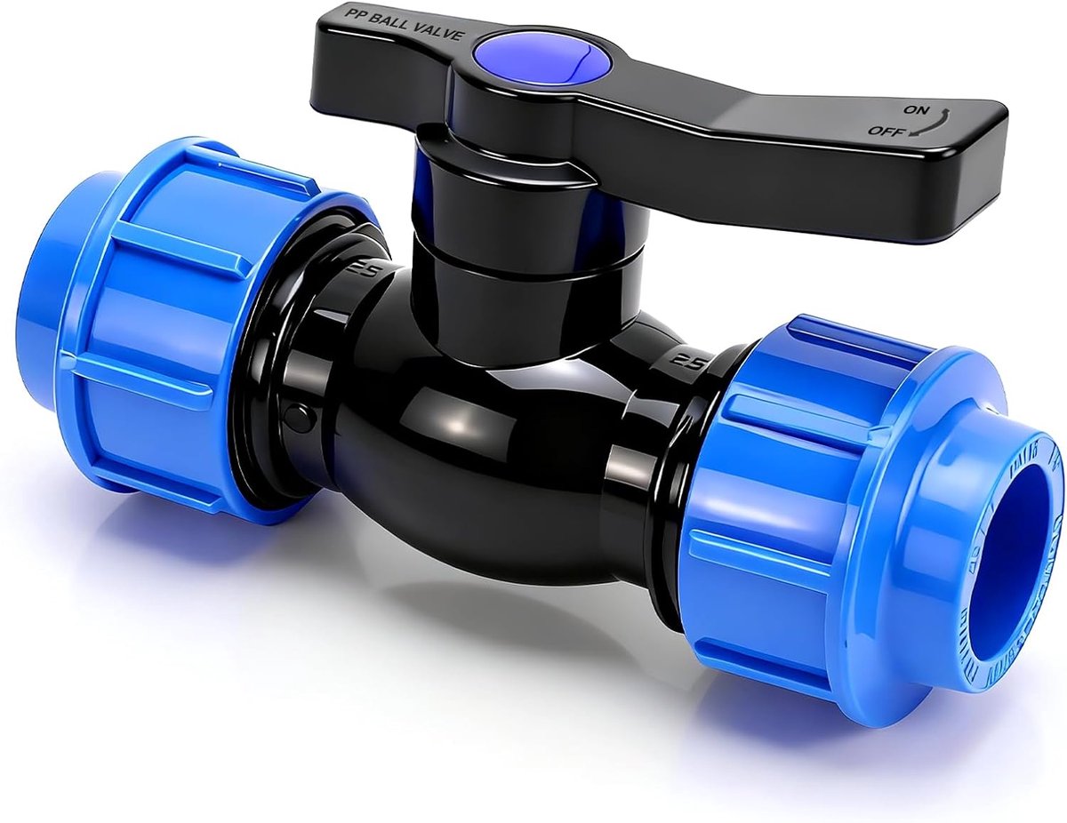 25 mm connector, PE-buis kogelkraan, kunststof klemverbinder, PP-fitting, 2-weg buiskogelkraan, voor zwembadleiding, vijver, aquarium, drainage, irrigatie