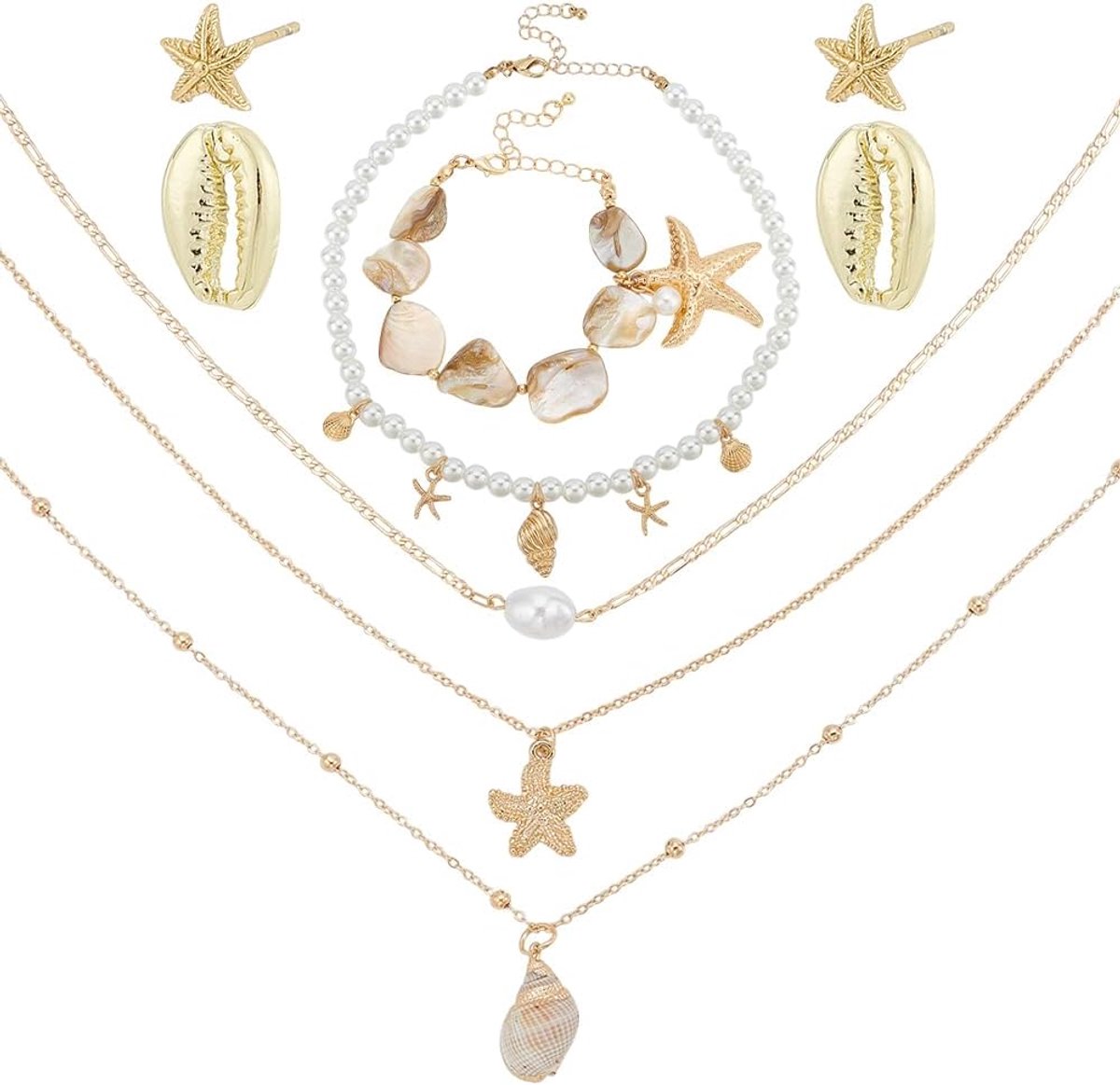 PandaHall 7-delige set zeeschelpkettingen, armbanden, oorbellen, parelschelp, sieraden, Hawaiiaanse zomersieraden, kettingen, oceaan, strand, surferketting, zeemeerminkostuum, accessoires voor