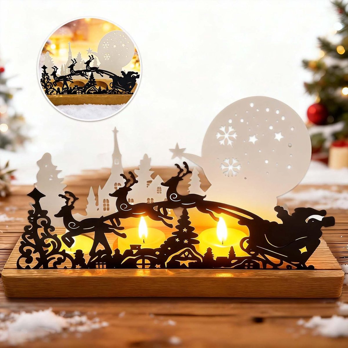 Kaarsenhouder voor adventskrans, kaarsenhouder decoratief kerstmetaal met rendier en maan Trineo sterren, stabiele houten sokkel 28 x 12,5 x 8 cm, kerstmiddenstuk