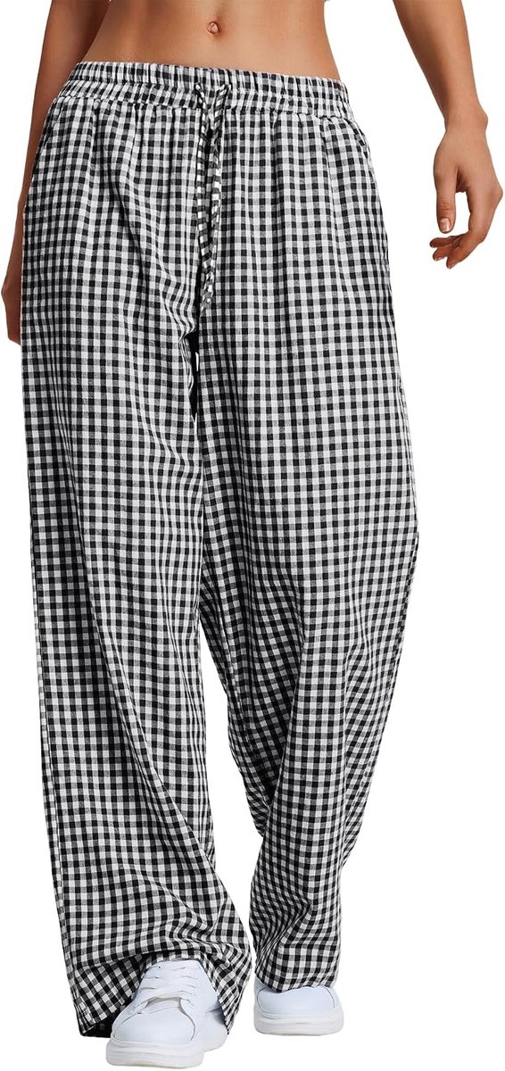 Pyjamabroek voor dames, geruit, lang, zomer, katoen, trekkoord, slaapbroek, zachte vrijetijdsbroek met zakken