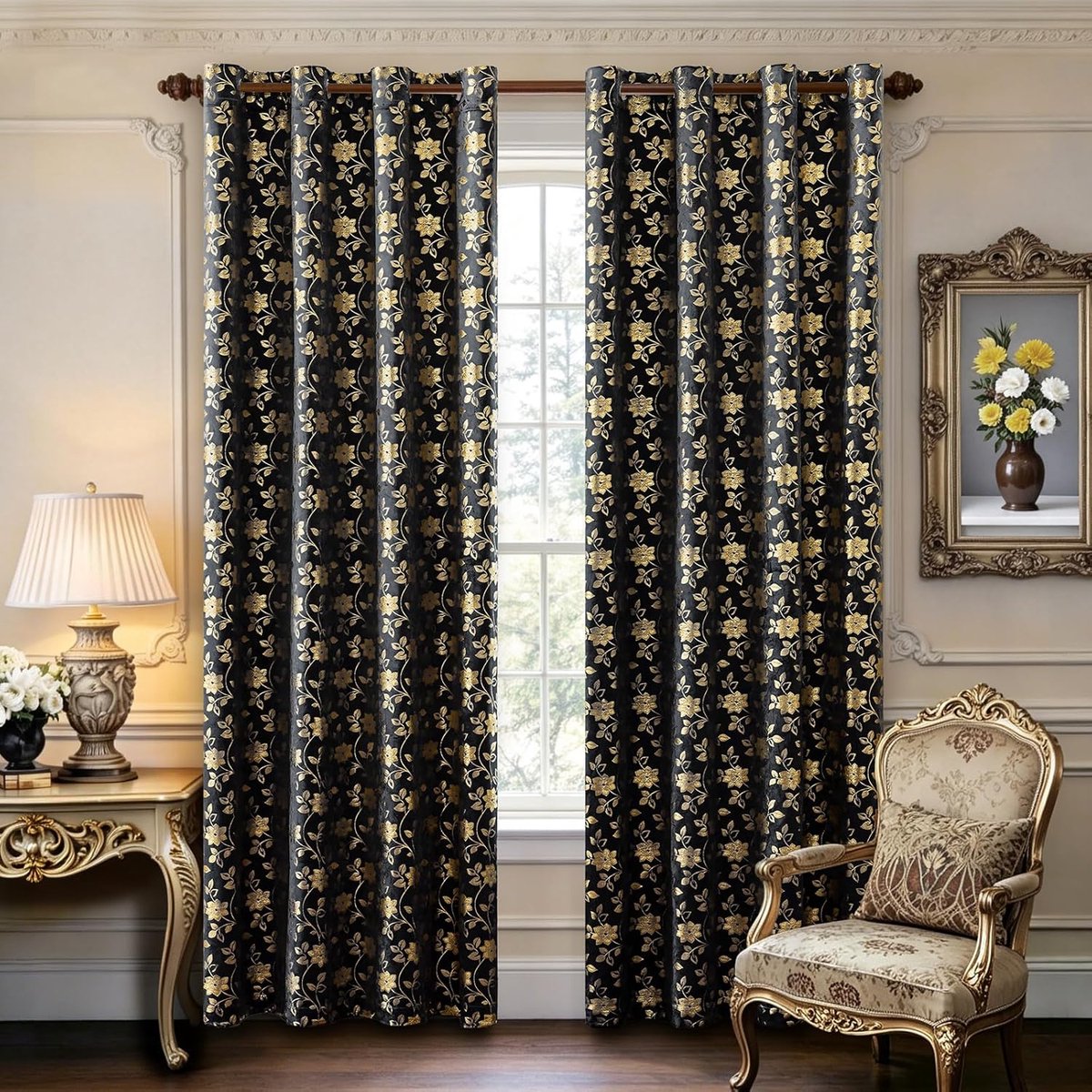 Gordijnen Verduisterend met Oogjes 2 Stuks, 140x145 CM, Retro Elegante Bloemen Verduisteringsgordijn, Isolerend Gordijn Tegen Warmte en Koude, Ideaal voor Slaapkamer en Woonkamer, Zwart