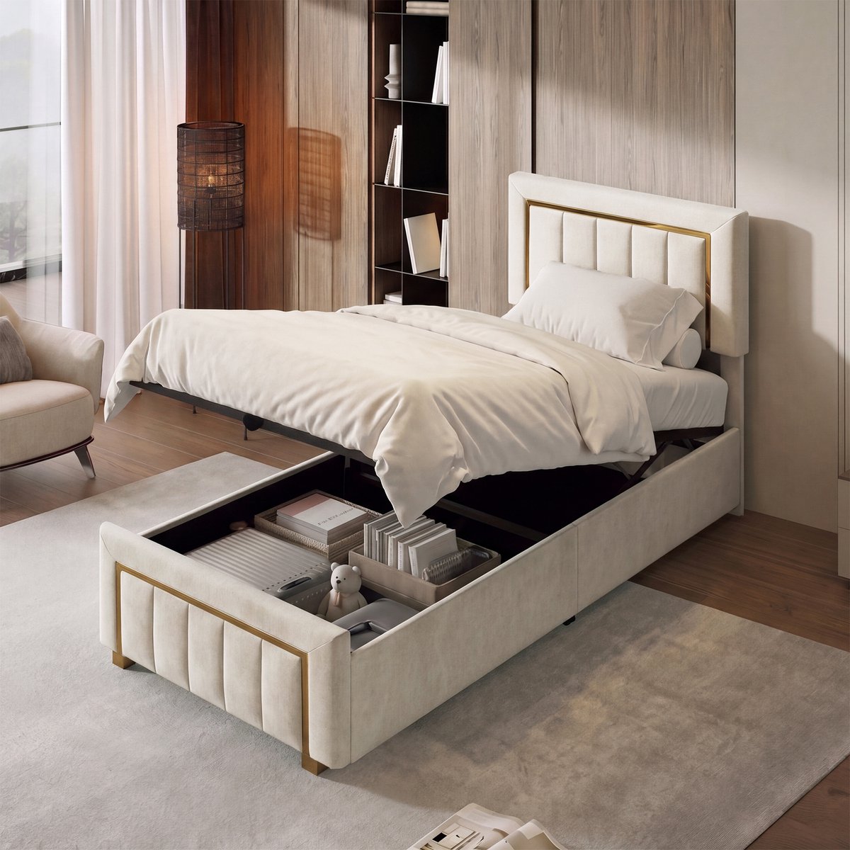 Fluwelen Opbergbed 90x200 Beige – Luxe Gestoffeerd Eenpersoonsbed met Gouden Details – Bed met Lift Opbergruimte & Lattenbodem