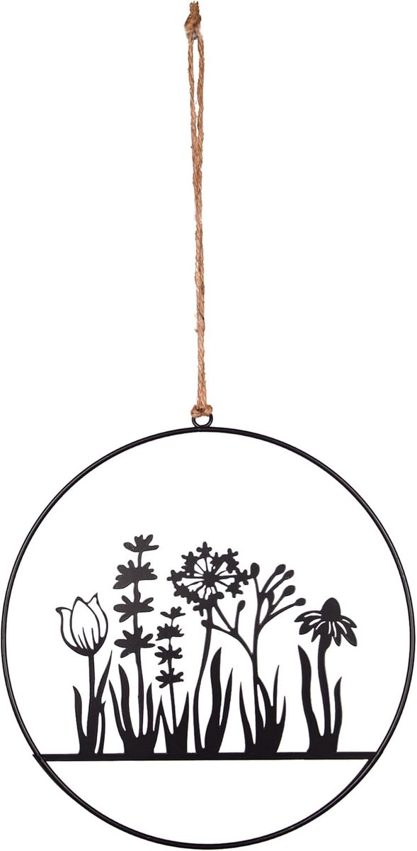 Hanger bloemenornament van metaal om op te hangen, wanddecoratie, deurdecoratie, 25 cm, zwart