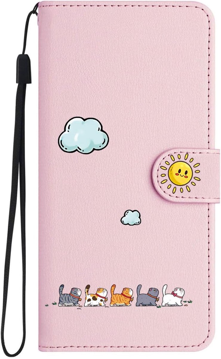 Telefoonhoesje voor Samsung Galaxy A57 5G met kaartenvak, inklapbaar, roze | Beschermhoes met kattenmotief, met koord, PU-leer, magneetsluiting, schokbestendig, 3 kaartvakken, standaard, voor dames