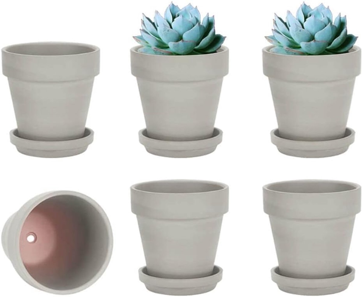 vensovo Grijze kleipot van 10,16 cm voor plant met schotel - 6 stuks kleine terracotta plantenpot met afvoergat, bloempot met dienblad, terracotta pot voor binnen en buitenplant