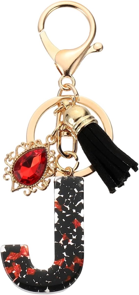 Initial Letter J Sleutelhangers, Hars Alfabet Sleutelhanger met Kwastje DIY Hanger Sleutelhanger voor Vrouwen Tas Charm Purse Gift Handtas Rugzak, Zwart/Rood