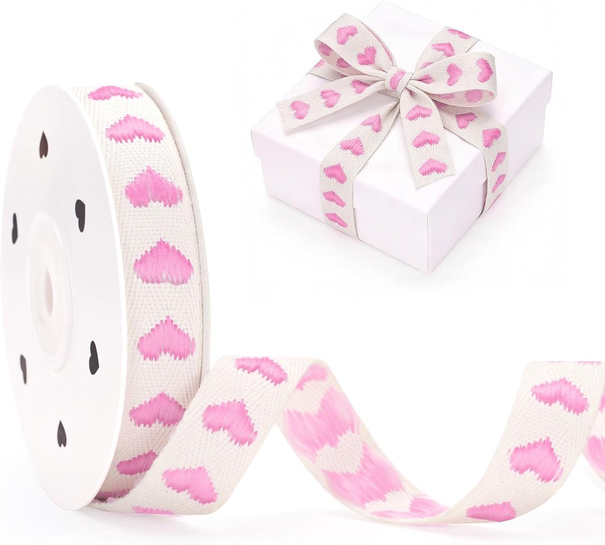 15 mm katoenen cadeaulint met roze hartjes: 10 meter lint voor geschenkverpakking, geborduurde jacquardlint voor Valentijnsdag, bruiloftsdecoraties