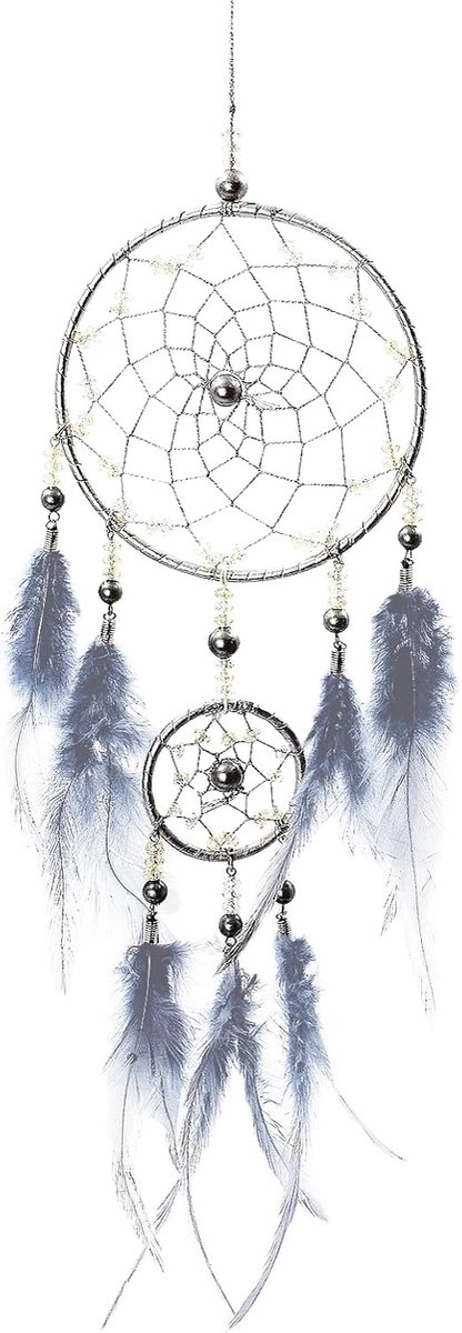 Dromenvanger met Veren, handgemaakt geweven in Boheemse stijl, dromenvanger voor wandbekleding, wooncultuur, ornamenten, handwerk, cadeau (Blauw Grijs)