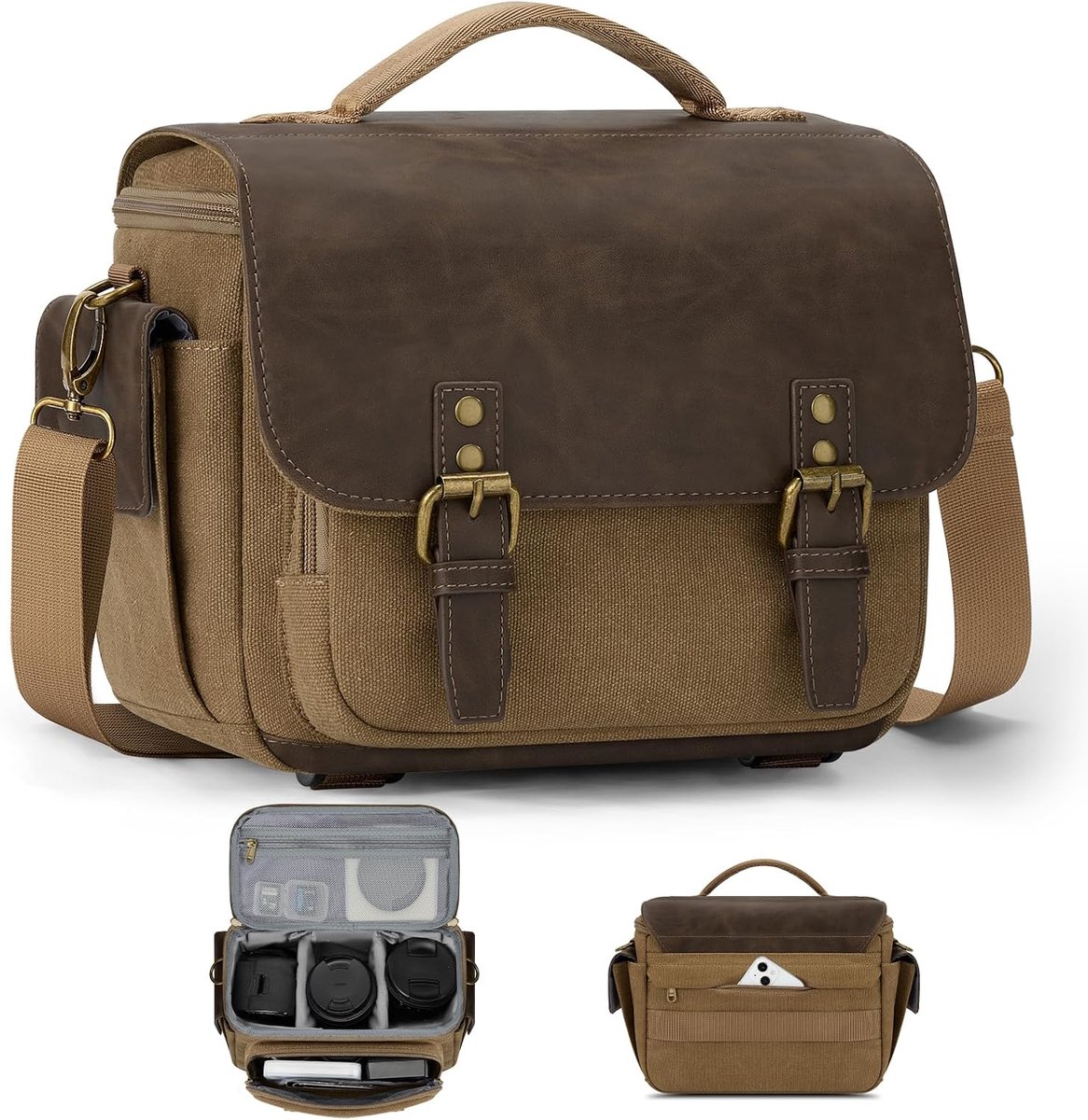 Cameratas, Kleine Cameratas voor DSLR/SLR/Spiegelloze Camera's, Vintage Canvas Schoudertas voor Fotografen met Waterdichte Regenhoes en Statiefhouder