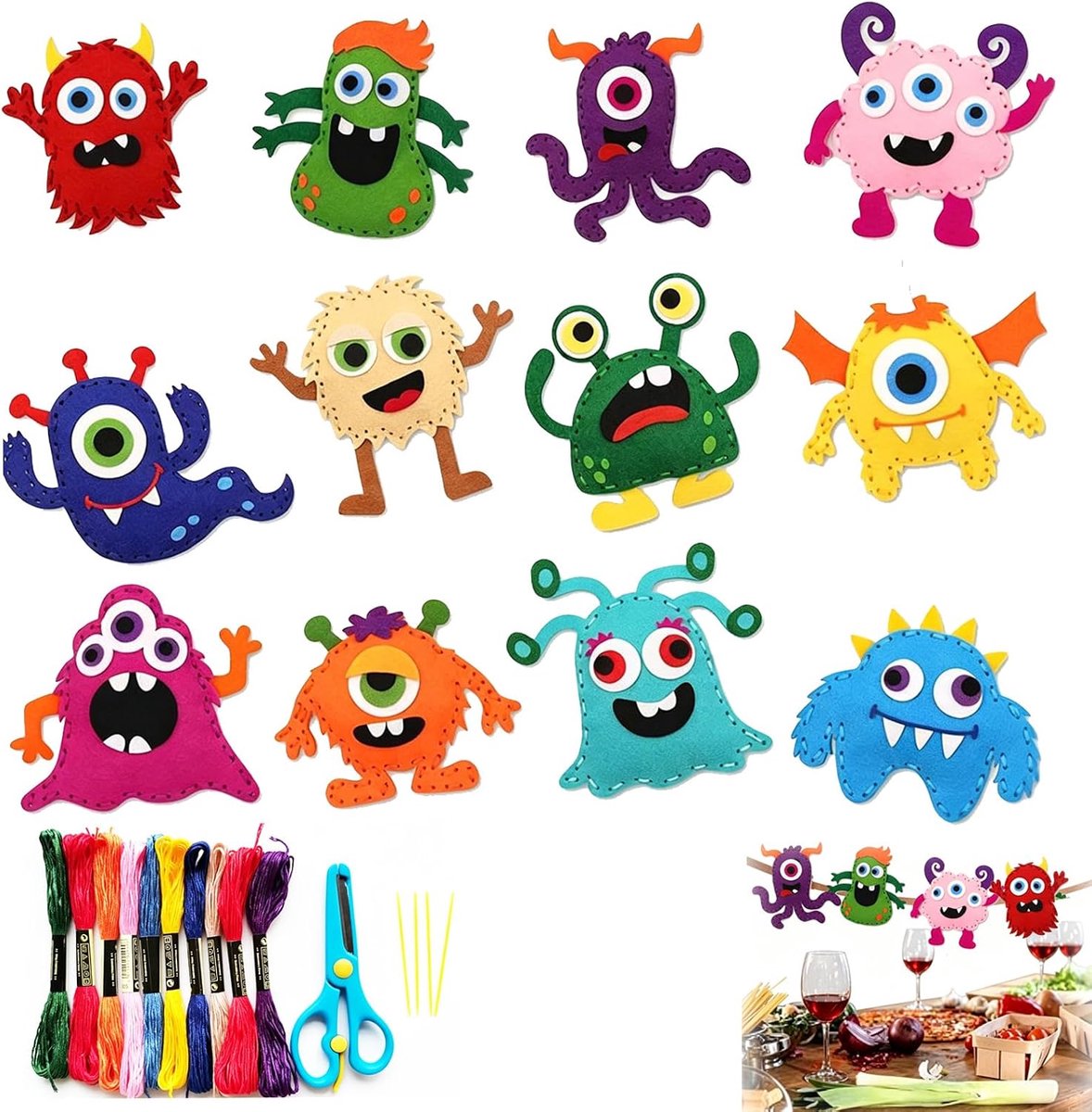 Naaimateriaalset Kinderen 12 Stuks – DIY Monster Naaikit van Vilt, Creatief Knutsel Speelgoed met Kleurrijke Figuren, Educatieve Handwerk Set voor Thuis en Cadeau