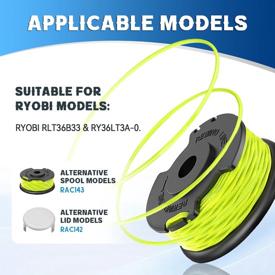 4 stuks grastrimmer draadspoel compatibel met Ryobi RAC143, reservedraadspoel voor Ryobi RLT36B33 & RY36LT3A-0, Ø 2 mm - 6,1 m lengte, met spoelafdekking RAC142 (4 spoel + 1 dop) — afbeelding 2