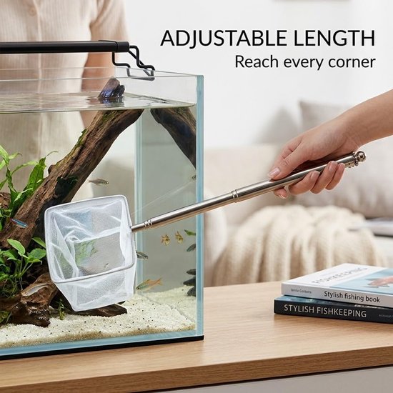 1 Stuks Aquarium Schepnet met Telescoopsteel, Vierkant Visnet van Roestvrij Staal, Fijnmazig Garnalennet voor Visbakken, Klein Vijver Schepnet voor Voeren en Vissen, Robuust Accessoire — afbeelding 4