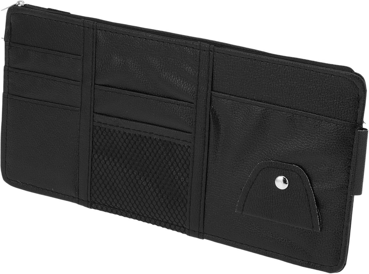 Zonnescherm Organizer, Auto Zonnescherm Opbergzak Met Rits Met Elastische Sleuf Met Zonnebrilhouder Voor Kaarten Rijbewijs Pennen Organizer PU Leer Zwart
