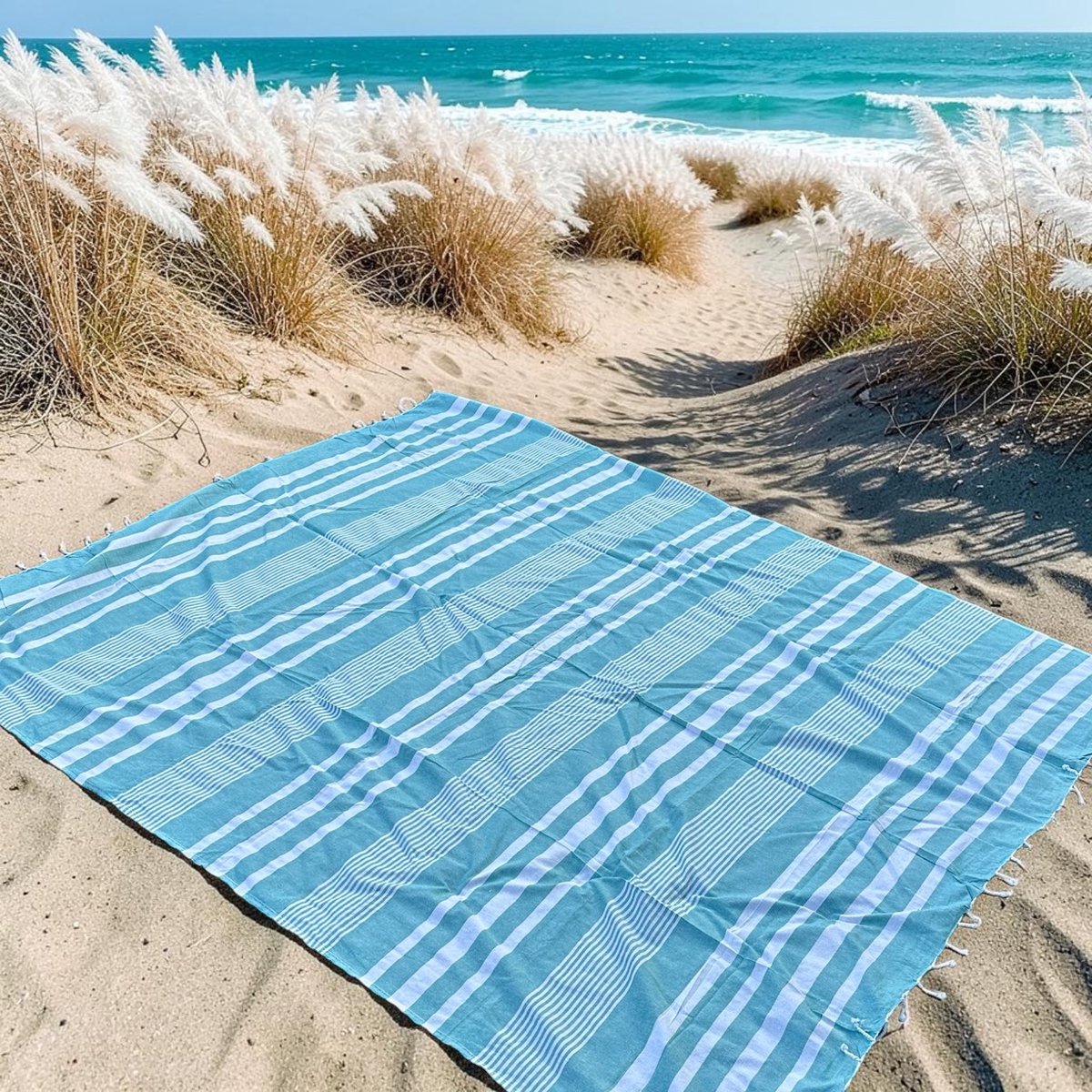 Lindian style - XL strandkleed - tweepersoons strandlaken - Gestreept strandkleed - Turquoise/wit - zomer sprei - 210x 235